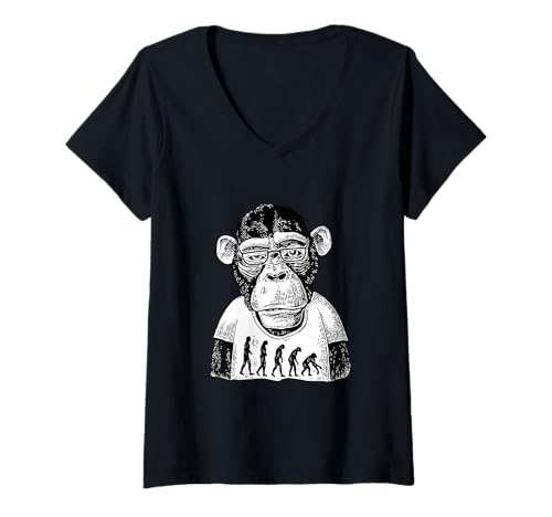 Damen AFFE mit Brille und lustiger Theorie der entgegengesetzten Evolution T-Shirt mit V-Ausschnitt Damen AFFE mit Brille und lustiger Theorie der entgegengesetzten Evolution T-Shirt mit V-Ausschnitt von Aharon's Stuff