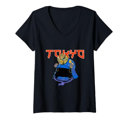 Damen Japanischer Krieger-Samurai-Helm mit Text Tokio T-Shirt mit V-Ausschnitt Damen Japanischer Krieger-Samurai-Helm mit Text Tokio T-Shirt mit V-Ausschnitt von Aharon's Stuff