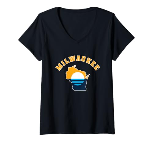 Damen Milwaukee Flagge innen Wisconsin State Map Vintage Athletic T-Shirt mit V-Ausschnitt Damen Milwaukee Flagge innen Wisconsin State Map Vintage Athletic T-Shirt mit V-Ausschnitt von Aharon's Stuff