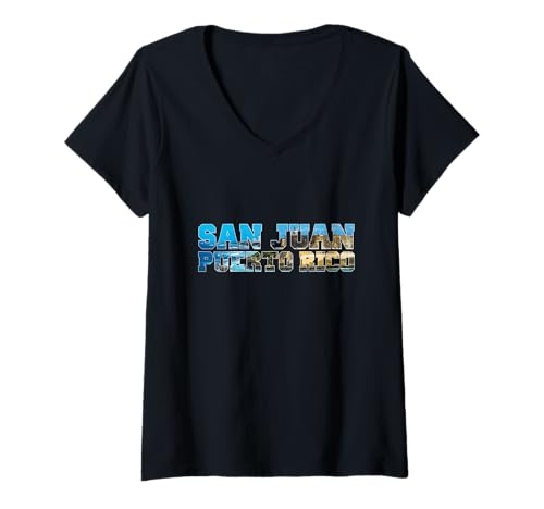 Damen Old San Juan Landschaft Skyline innen fette Buchstaben T-Shirt mit V-Ausschnitt Damen Old San Juan Landschaft Skyline innen fette Buchstaben T-Shirt mit V-Ausschnitt von Aharon's Stuff