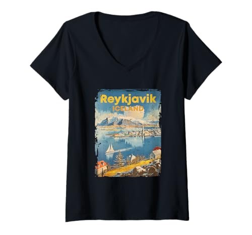 Damen Reykjavik Landschaft Island Reise Retro Poster Stil T-Shirt mit V-Ausschnitt Damen Reykjavik Landschaft Island Reise Retro Poster Stil T-Shirt mit V-Ausschnitt von Aharon's Stuff