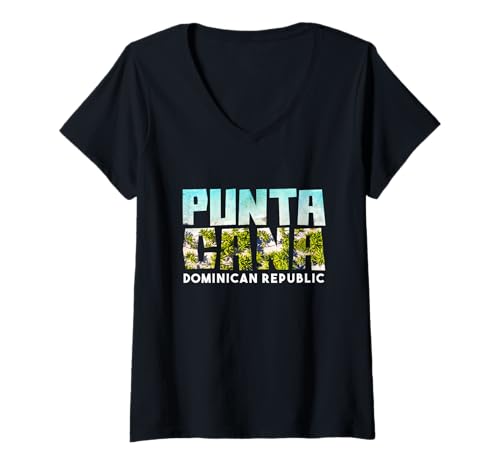 Damen Türkisfarbenes Meer Walter Beach Inside Punta Cana Bold Typografie T-Shirt mit V-Ausschnitt Damen Türkisfarbenes Meer Walter Beach Inside Punta Cana Bold Typografie T-Shirt mit V-Ausschnitt von Aharon's Stuff