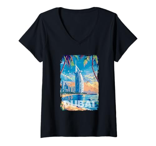Damen Vintage Dubai Beach Burj Al Arab Tower VAE Urlaub T-Shirt mit V-Ausschnitt von Aharon's Stuff
