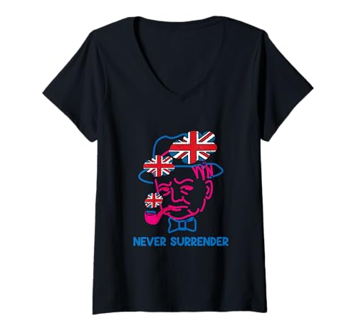 Damen Winston Churchill mit britischer Flagge, minimalistische Linienkunst T-Shirt mit V-Ausschnitt Damen Winston Churchill mit britischer Flagge, minimalistische Linienkunst T-Shirt mit V-Ausschnitt von Aharon's Stuff