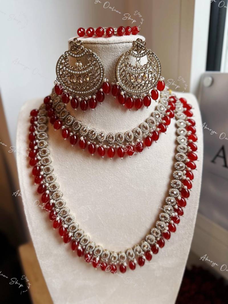 Anugrah Collection - Polki Schmuckset Farbe Dunkelrot Designer Ausgefallener Schmuck in Bester Qualität von AharyaOnlineShop