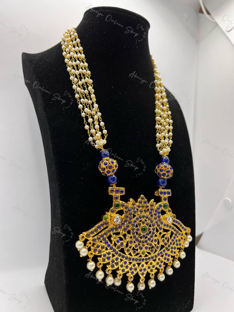 Seetha - Handgemachter Traditioneller Kemp Schmuck Designer Haaram Passende Ohrringe Erhältlich von AharyaOnlineShop