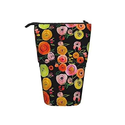 Ahdyr Aquarell Mohnblumen Schwarz Teleskop Federmäppchen Stand-Up Organizer Kosmetiktasche Make-up Tasche Schreibwaren Federmäppchen von Ahdyr
