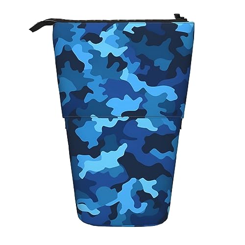 Ahdyr Blaues Camo-Stehmäppchen, niedliche Stifttasche, Teleskop-Briefpapiertasche, Make-up-Kosmetiktasche für Damen im Büro von Ahdyr