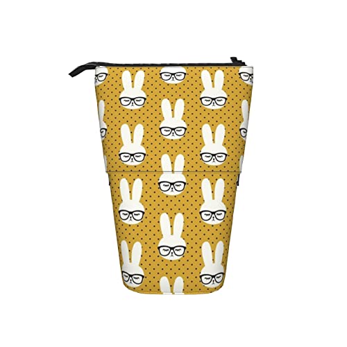 Ahdyr Bunny Glasses Mustard Polka Dots Teleskop-Federmäppchen Stand-Up-Organizer Kosmetiktasche Make-up-Tasche Schreibwaren Stiftetui von Ahdyr