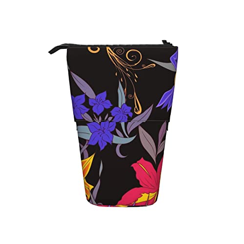 Ahdyr Bunte Blumen auf schwarzem Teleskop-Federmäppchen, Stand-Up-Organizer, Kosmetiktasche, Make-up-Tasche, Schreibwaren, Federmäppchen von Ahdyr