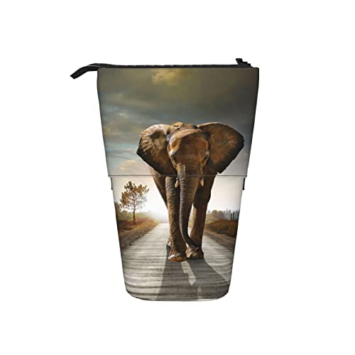 Ahdyr Dawn Walking On The Road Elefant Stehender Teleskop-Stiftebeutel aus Segeltuch mit Reißverschluss Schreibwaren-Mäppchen für Mädchen, Frauen, Jungen von Ahdyr