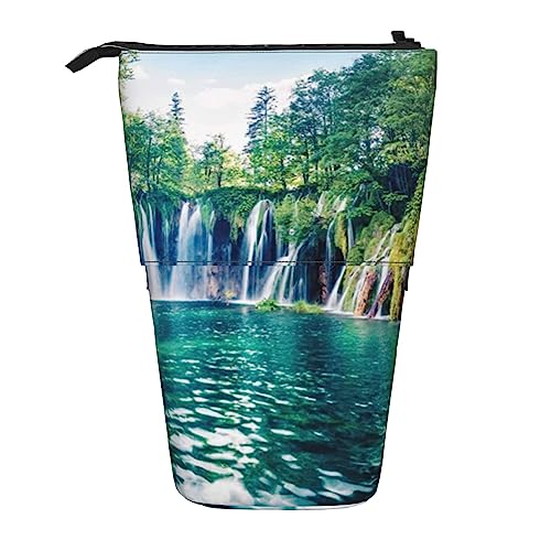Ahdyr Federmäppchen, niedliches stehendes Federmäppchen, einziehbares Federmäppchen, Dschungel-Wasserfall-Briefpapier-Organizer-Tasche von Ahdyr