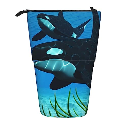 Ahdyr Federmäppchen, niedliches stehendes Federmäppchen, einziehbares Federmäppchen, Killerwale Schwimmen entlang, Schreibwaren-Organizer-Tasche von Ahdyr