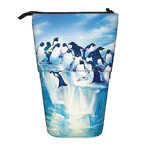 Ahdyr Federmäppchen, niedliches stehendes Federmäppchen, einziehbares Federmäppchen, Pinguine auf Eisberg, Schreibwaren-Organizer-Tasche von Ahdyr
