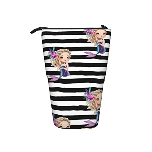 Ahdyr Flieder, Meerjungfrau, Schwarz, Weiß, Streifen, Teleskop-Federmäppchen, Stand-Up-Organizer, Kosmetiktasche, Make-up-Tasche, Schreibwaren, Federmäppchen von Ahdyr