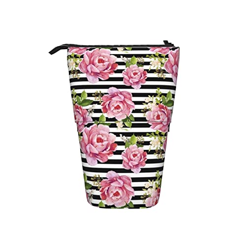 Ahdyr Hellrosa Sonnenaufgang Schwarz Weiß Teleskop-Federmäppchen Stand-Up-Organizer Kosmetiktasche Make-up-Tasche Schreibwaren Stiftetui von Ahdyr