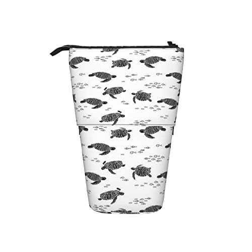 Ahdyr Meeresschildkröte Schwarz Weiß Teleskop Federmäppchen Stand-Up Organizer Kosmetiktasche Make-up Tasche Schreibwaren Federmäppchen von Ahdyr