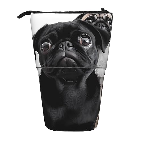 Ahdyr Niedliches Federmäppchen mit schwarzem Mops-Hund, stehend, niedliche Stifttasche, Teleskop-Briefpapiertasche, Make-up-Kosmetiktasche für Frauen im Büro von Ahdyr