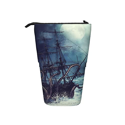 Ahdyr Ocean Kraken Octopus Piratenschiff Stehend Teleskop Federmäppchen aus Segeltuch mit Reißverschluss Schreibwaren Federmäppchen für Mädchen Frauen Jungen von Ahdyr