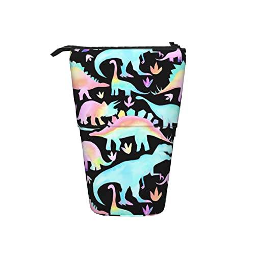 Ahdyr Pastell-Neon-Dinosaurier auf schwarzem Teleskop-Federmäppchen, Stand-Up-Organizer, Kosmetiktasche, Make-up-Tasche, Schreibwaren, Federmäppchen von Ahdyr