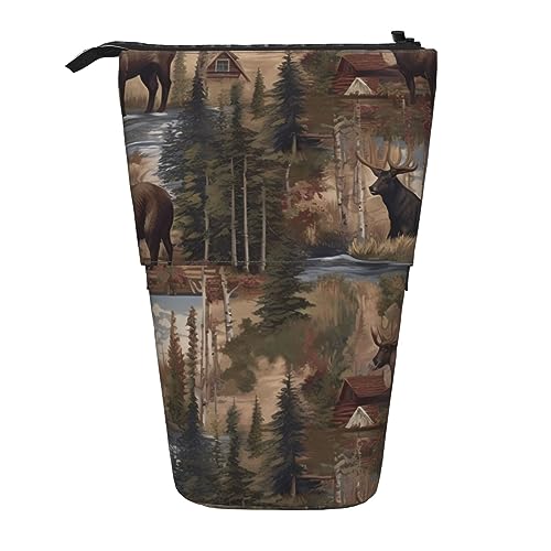 Ahdyr Rustikales Lodge-Federmäppchen mit Bären-Elchmotiv, niedliches Stiftetui, Teleskop-Briefpapiertasche, Make-up-Kosmetiktasche für Damen im Büro von Ahdyr