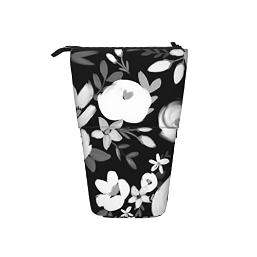 Ahdyr Schwarz Weiß Moody Florals Teleskop-Federmäppchen Stand-Up-Organizer Kosmetiktasche Make-up-Tasche Schreibwaren Stiftetui von Ahdyr