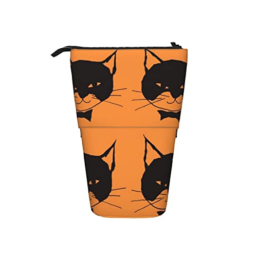 Ahdyr Schwarze Katze Orange Teleskop-Federmäppchen Stand-Up-Organizer Kosmetiktasche Make-up-Tasche Schreibwaren Stiftetui von Ahdyr