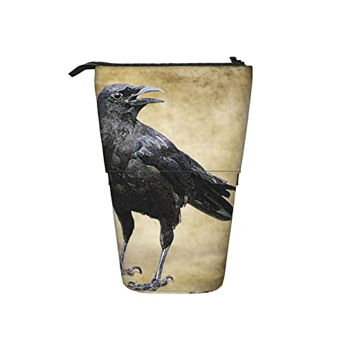 Ahdyr Schwarze Krähe auf gemaltem Hintergrund Teleskop Federmäppchen Stand-Up Organizer Kosmetiktasche Make-up Tasche Schreibwaren Federmäppchen von Ahdyr