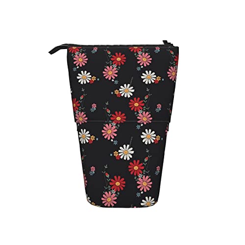 Ahdyr Schwarzes Blumen-Teleskop-Federmäppchen, Stand-Up-Organizer, Kosmetiktasche, Make-up-Tasche, Schreibwaren, Federmäppchen von Ahdyr