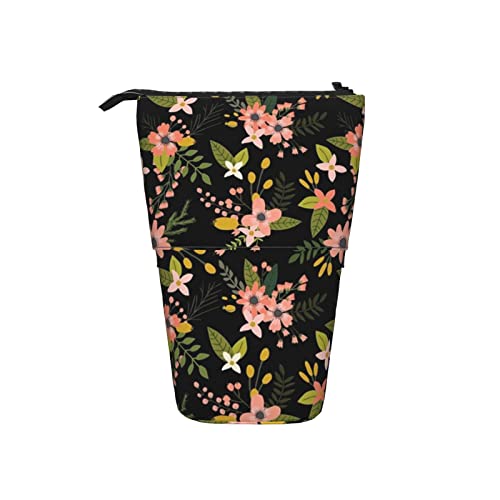 Ahdyr Sprigs Blooms Schwarzes Teleskop-Federmäppchen, Stand-Up-Organizer, Kosmetiktasche, Make-up-Tasche, Schreibwaren, Federmäppchen von Ahdyr