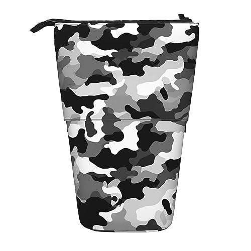 Ahdyr Stehendes Federmäppchen in Schwarz-Grau-Weiß-Camouflage, niedliche Stifttasche, Teleskop-Briefpapiertasche, Make-up-Kosmetiktasche für Frauen im Büro von Ahdyr