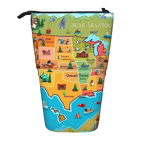 Ahdyr Stehendes Federmäppchen mit Cartoon-amerikanischer Karte, niedliches Stiftetui, Teleskop-Briefpapiertasche, Make-up-Kosmetiktasche für Frauen im Büro von Ahdyr