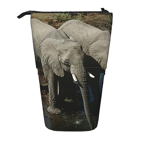 Ahdyr Stehendes Federmäppchen mit Elefanten-Trinkwasser, niedliche Stifttasche, Teleskop-Briefpapiertasche, Make-up-Kosmetiktasche für Frauen im Büro von Ahdyr