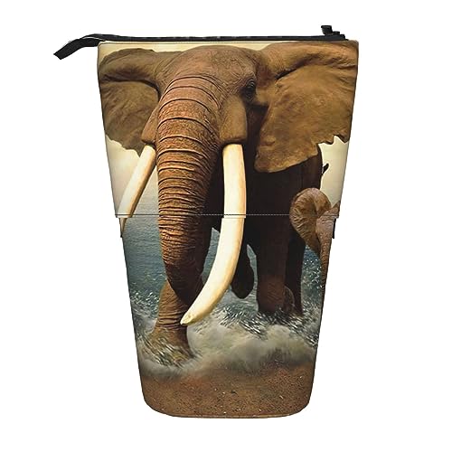Ahdyr Stehendes Federmäppchen mit Elefanten und Elefantenbabys, niedliche Stifttasche, Teleskop-Briefpapiertasche, Make-up-Kosmetiktasche für Frauen im Büro von Ahdyr