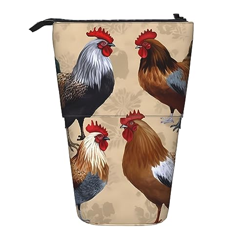 Ahdyr Stehendes Federmäppchen mit Hahn- und Huhn-Motiv, niedliche Stifttasche, Teleskop-Briefpapiertasche, Make-up-Kosmetiktasche für Damen und Büro von Ahdyr