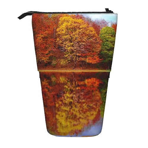 Ahdyr Stehendes Federmäppchen mit Herbst-Ahorn-Reflexion, niedliches Stiftetui, Teleskop-Briefpapiertasche, Make-up-Kosmetiktasche für Damen und Büro von Ahdyr