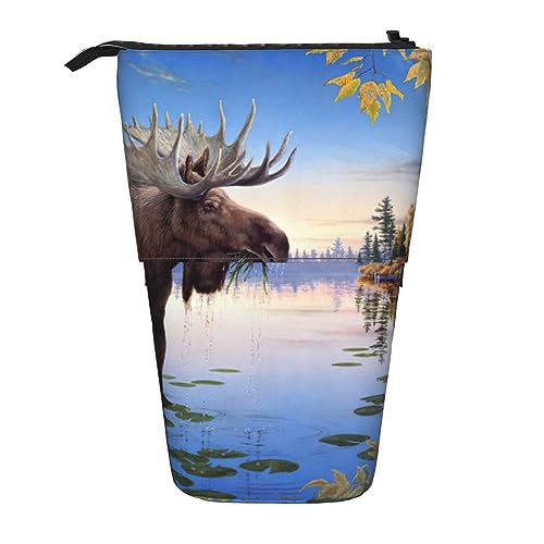 Ahdyr Stehendes Federmäppchen mit Herbst-Birkenblättern und Elchmotiv, niedliches Stiftetui, Teleskop-Briefpapiertasche, Make-up-Kosmetiktasche für Frauen im Büro von Ahdyr