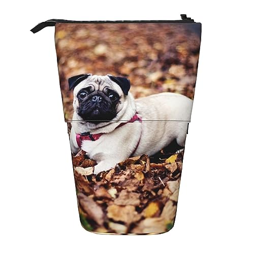 Ahdyr Stehendes Federmäppchen mit Herbstlaub-Mops-Hund, niedliches Stiftetui, Teleskop-Briefpapiertasche, Make-up-Kosmetiktasche für Frauen im Büro von Ahdyr