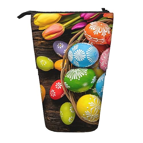 Ahdyr Stehendes Federmäppchen mit Ostereier-Motiv, bunter Korb, niedliche Stifttasche, Teleskop-Briefpapiertasche, Make-up-Kosmetiktasche für Frauen im Büro von Ahdyr