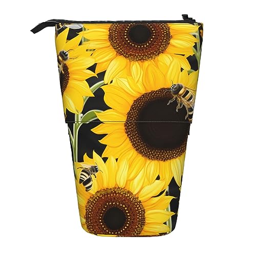 Ahdyr Stehendes Federmäppchen mit Sonnenblumen-Bienen-Motiv, niedliches Stiftetui, Teleskop-Briefpapiertasche, Make-up-Kosmetiktasche für Frauen im Büro von Ahdyr