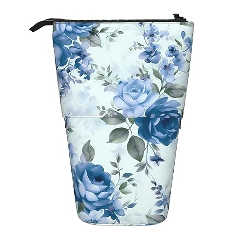 Ahdyr Stehendes Federmäppchen mit blauem Blumenmuster und Rosen, niedliches Stiftetui, Teleskop-Briefpapiertasche, Make-up-Kosmetiktasche für Frauen im Büro von Ahdyr