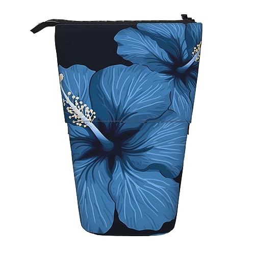 Ahdyr Stehendes Federmäppchen mit blauem Hibiskus-Motiv, niedliche Stifttasche, Teleskop-Briefpapiertasche, Make-up-Kosmetiktasche für Frauen im Büro von Ahdyr