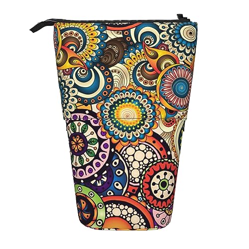 Ahdyr Stehendes Federmäppchen mit ethnischen Kreisen und Blumenmuster, niedliches Stiftetui, Teleskop-Briefpapiertasche, Make-up-Kosmetiktasche für das Büro von Frauen von Ahdyr