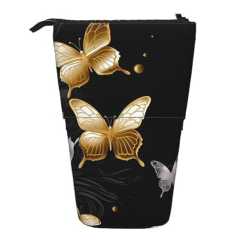 Ahdyr Stehendes Federmäppchen mit goldenen, weißen Schmetterlingen und schwarzen Schmetterlingen, niedliches Stiftetui, Teleskop-Briefpapiertasche, Make-up-Kosmetiktasche für Frauen im Büro von Ahdyr