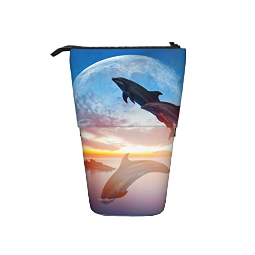 Ahdyr Super Moon Jumping Up Dolphin Stehender Teleskop-Stiftebeutel aus Segeltuch mit Reißverschluss Schreibwaren-Federmäppchen für Mädchen, Frauen, Jungen von Ahdyr