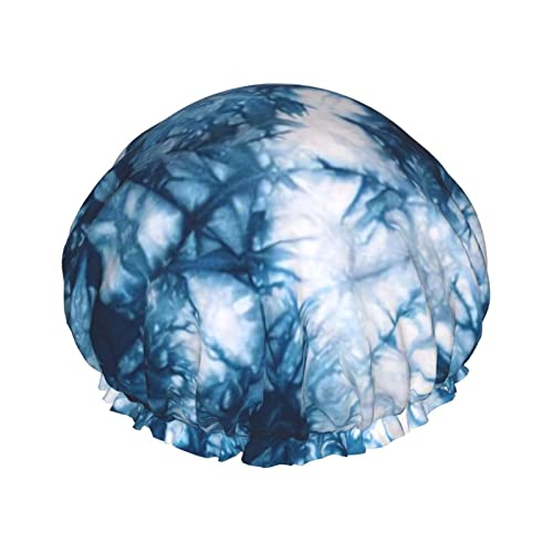 Blue Tie Dyedblue Tie Dyed Duschhaube, wiederverwendbare Duschhauben für Frauen, langes Haar, doppelschichtiger wasserdichter Badeduschhut, Haarschutz für Kinder, Mädchen, Männer von Ahdyr