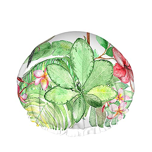 Blumen-Duschhaube, Aquarell, Vogel, Colibri, Blume, Palme, Blätter, Plumeria, große Badekappen für Damen, Herren, Mädchen, langes Haar, wasserdicht, wiederverwendbare Hüte, grün, rosa von Ahdyr