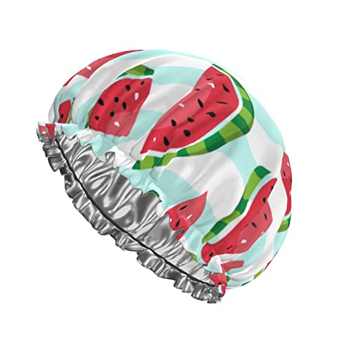 Cartoon Wassermelone Duschhaube Wiederverwendbare Badekappe für Frauen Haarschutz Weiche Haarhaube mit PEVA-Futter und elastischem Band Mode-Haar-Badekappen Doppellagiger wasserdichter Bade-Duschhut von Ahdyr