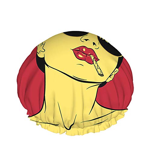 Damen Duschhaube Cool Fashion Girl with Red Lip ChillRelax Word Large Bath Caps for Women Men Girls Long Hair Waterproof Reusable Hats Yellow von Ahdyr