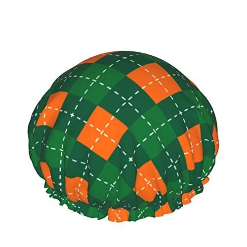 Damen wiederverwendbarer Haarhut mit Stretchsaum St. Patrick Day grün orange kariert DoubleWaterproof Duschhaube Badekappe von Ahdyr